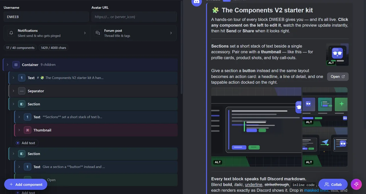 DWEEB Discord message builder with a component tree beside a live Discord message preview